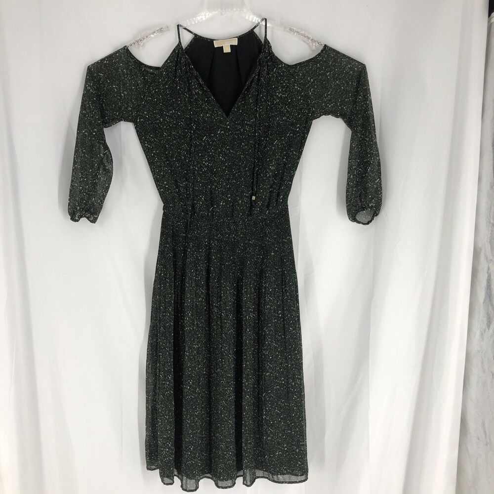 Michael Kors Cold Shoulder Dress Green Snake Print L/S Chiffon Pleated Medium